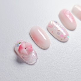 Sweet Peach Handmade Nail Tips Peach Cherry Blossoms - Round Short / 스윗피치 수제네일팁 복숭아 벚꽃네 - 라운드숏