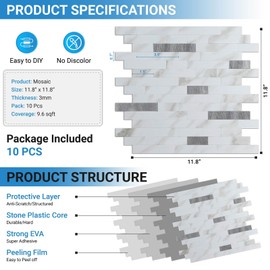 Artemuro 10 Sheets Premium Peel and Stick Backsplash, White Marble Look with Metal Silver Stick on Wall Tiles Upgrade Your Kitchen Backsplash, RV, Fireplace, Bathroom