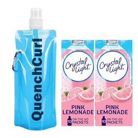 Crystal Light On The Go Drink Mix Pouches, Sugar-Free, Low-Calorie, 2 Pack of 10 Pouches with QuenchCurl Collapsible Bottle! Pink Lemonade