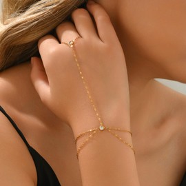 Kyazeo Dainty Gold Hand Chain Bracelet for Women 18K Gold Plated Stainless Steel Double Layer Lip Bracelet with Finger Ring Waterproof Hypoallergenic Adjustable Hand Harness Chain Jewelry for Women
