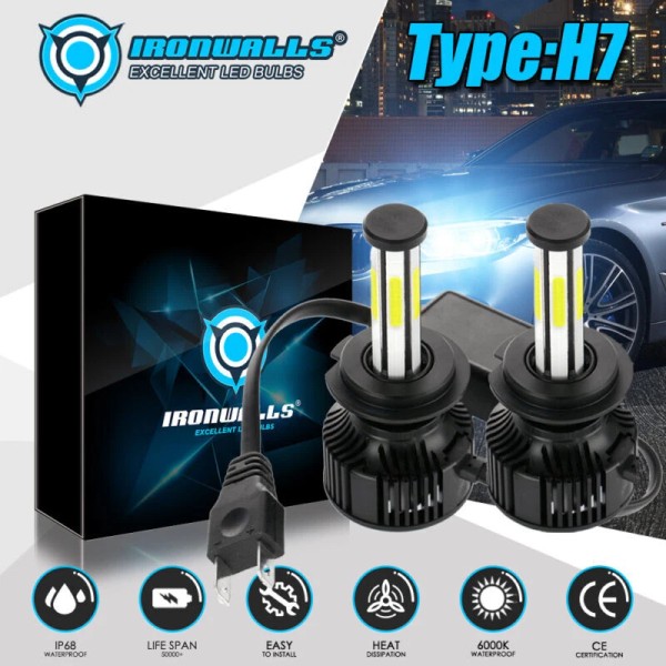 IRONWALLS 6-Sided H7 LED Headlight Bulbs Kit High Beam For
