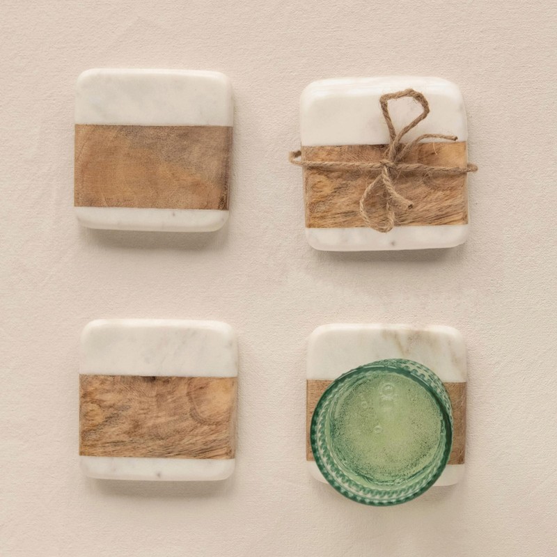 Creative Co-Op Marble & Acacia Wood, White & Natural, Set