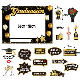 BETESSIN Graduation Photo Props Set - Includes 1 Picture Frame and 20 Photo Props - Spanish Graduation Decoration for Graduation Party