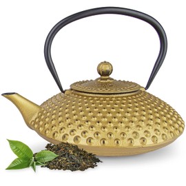 Tealøv Cast Iron Teapot 1.25 Litres | Cast Iron Teapot in Japanese Style | Cast Iron Teapot with Stainless Steel Strainer | Excellent Heat Retention Capacity | Durable | Kambin | Full Gold
