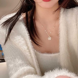 Cimenexe Bohemian Crystal Pearl Flower Choker Necklace Pearl Camellia Pendant Necklace Gold CZ Enamel Flower Necklace White Enamel Camellia Collar Necklace Jewellery for Women and Girls Gifts, Zinc,