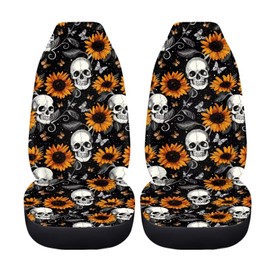 FUIBENG Skull Sunflower Daisy Car Seat Cover Set of 2,Breathable Washable Vehicle Seat Protector Covers for High Back Seats,Bucket Seats Cushion for Women Men,Car Interior Set