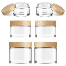 Bumobum 6 Pcs Glass Cosmetic Jars with Faux Wood Lid, Empty Sample Jar Refillable Travel Jars for Creams Lotion Container for Skincare Makeup Body Scrub
