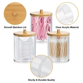 Aililong Set of 3 Transparent Acrylic Cotton Buds Container with Bamboo Lid - Triple Cotton Pad Dispenser & Ear Sticks Container for Cosmetic Storage