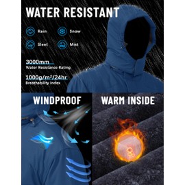 TACVASEN Men's Skiing Jacket with Hood Waterproof Windproof Warm Winter Fleece Lined Hiking with Multi Pockets