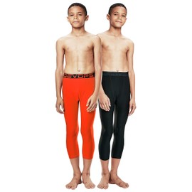DEVOPS Boys 2-Pack 3/4 Compression Tights Sport Leggings Pants (Medium, Black/Orange)