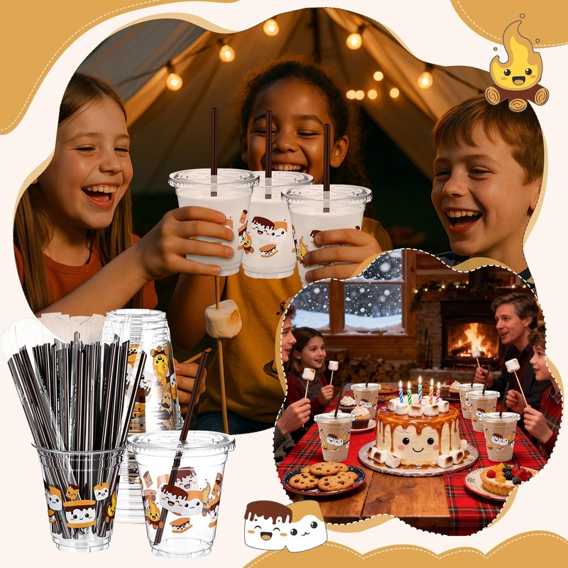 Sliner 50 Pack S'mores Party Supplies Plastic Cups with Lids