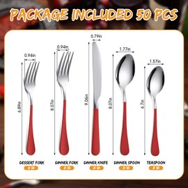 Nuenen 50 Pcs Red Silverware Set Stainless Steel Flatware Red Handle Cutlery Set Service for 10 Tableware Cutlery for Home and Restaurant Include Dinner Knives, Fork, Spoon, Salad Fork, Teaspoon