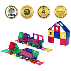 Playmags Magnetic Tiles Train Set, 55 Piece Accessory Set Includes 4 Trains, Super Durable Magnet Blocks, STEM Development Kids Building Toys for Boys Girls & Toddlers