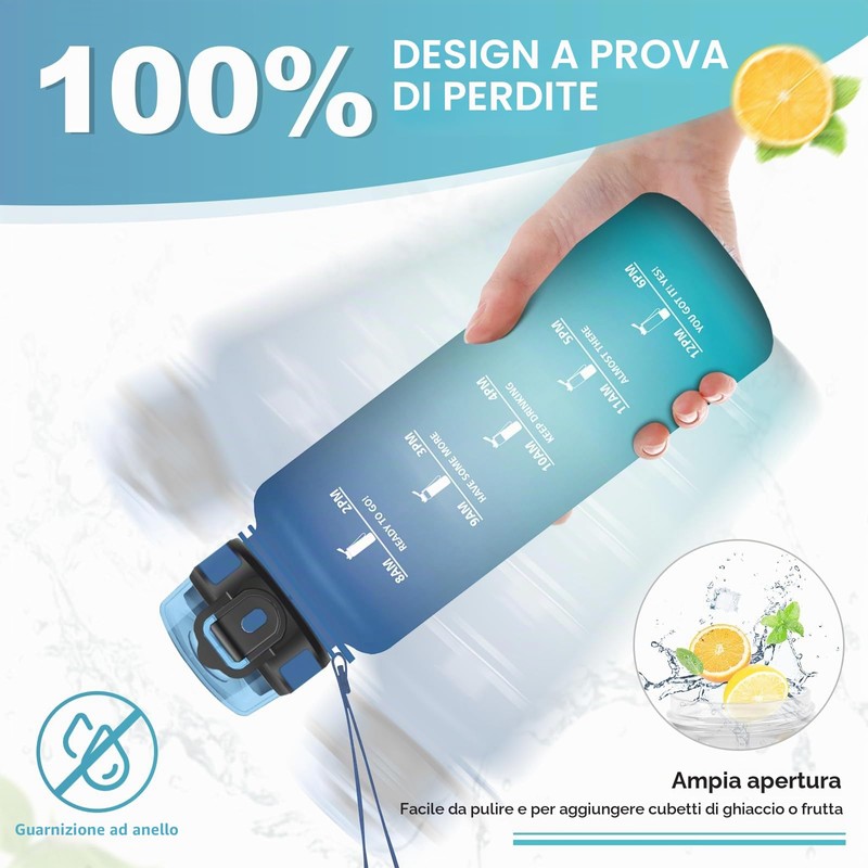 JAPORIA Borraccia 1.5L con Cannuccia, Marcatori Temporali, Senza BPA, a