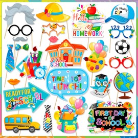 HOWAF Back to School Photo Booth Props Kit, 1 Welcome Back School Photo Booth Frame 25pcs First Day of School Selfie Props Kit, Welcome Back School Decorations Photo Props for Teacher Students