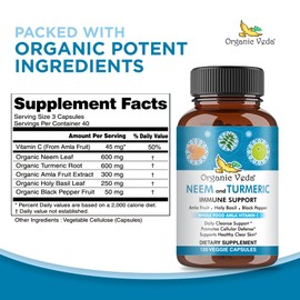 Organic Veda Neem & Turmeric Capsules with Amla Fruit, Tulsi, Holy Basil, Black Pepper Extract - Immune Support Dietary Supplement - Boosts Healthy Clear Skin & Cellular Defense - 120 Vegan Capsules
