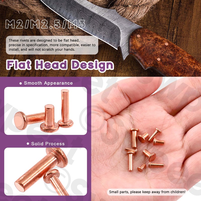 Swpeet 270Pcs M2 M2.5 M3 Flat Head Copper Solid Rivet