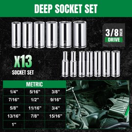 SK 3/8" Drive Socket Set, Deep SAE Sockets, 13-Piece 1/4" to 1", SuperKrome Finish, Preminum CR-V Construction, with Aluminum Socket Organizer