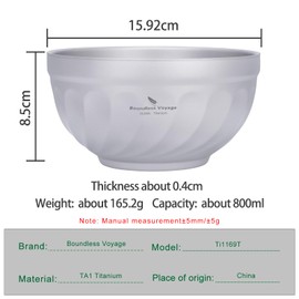 iBasingo Double-Walled Titanium Bowls 500 ml & 800 ml Oatmeal Food Rice Soup Bowl Ultralight Portable Tableware Outdoor Camping Metal Bowl (800 ml Ti1169T)