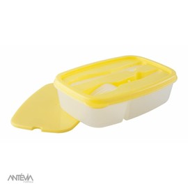 Tantevia Set of 2 Bento Lunch Box with Cutlery | Microwavable | Over 10 Designs | Plastic Food Box with Lid | Colour: Yellow / Red (Griva)