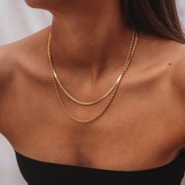 Hey Harper Gold Layered Herringbone Necklace For Women Nassau Set - Waterproof Sweatproof Non Tarnish Jewerly - 14K PVD Layered Stainless Steel Necklace Perfect for Everyday Wear