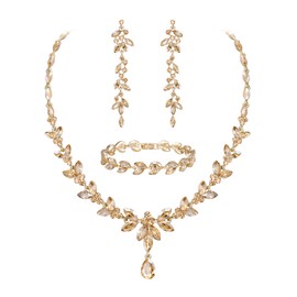 EVER FAITH Austrian Crystal Bridal Jewellery Set, Elegant Marquise Rhinestone Leaf Necklace with Dangling Earrings, Tennis Bracelet Set, Crystal, No Gemstone