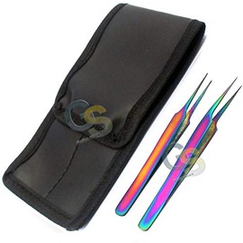 Set of 2 Stainless Steel Multi Titanium Rainbow Color 3d Eyelash Extension Tweezers a Type Straight + Pro Straight Fine Point by G.S Online Store