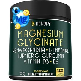 Herbpy 6in1 Restful Day and Night Supplement - Magnesium Glycinate L theanine Ashwagandha, Vitamin D3, B6, and Turmeric - Brain, Heart & Digestive Hea