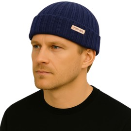 100% Merino Wool Fisherman Beanie Stocking Cap Cold Weather Single Layer 3 Styles Outdoor Knit Hat Women Men M L Navy Blue