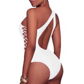 Holipick - Traje de baño de una pieza con espalda cruzada y escote en V profundo y corte de pierna alta para mujer, Blanco, M(US 8-10)