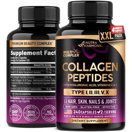 Multi Collagen Peptides - Hydrolyzed Types I, II, III, V & X - Collagen Supplement for Women 1300mg - w/ Hyaluronic Acid, Vitamins C & E - Skin, Hair, Nails & Joint Support - Made in USA, 240 Capsules