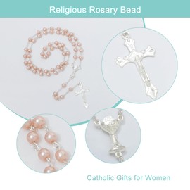 KOMI 6 MM Pink Glass Pearl Rosary Beads with Crucifix and Chalice Centerpieces Catholic Rosary Necklace for Women with Velvet Bag Confirmation Holy Communion Gifts
