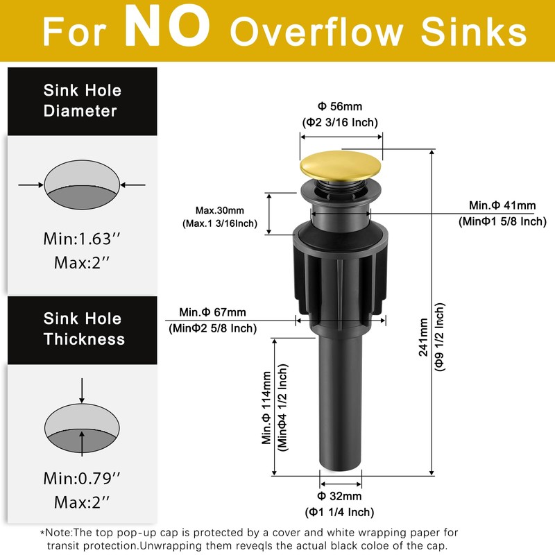 Bathroom Sink Drain without Overflow Brushed Gold, ABS Pop up