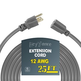 HeyYance 25 Ft Heavy Duty Outdoor Extension Cord Waterproof - 12/3 SJTW 15A 1875W Gray Extension Cable with 3 Prong Grounded Plug, Waterproof Electric Cable for Lawn, Garden, Appliances, UL Listed