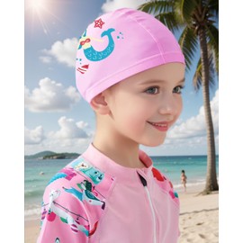 Kids Swimming Cap for Girls 4-9 Years, Swim Hat Boys, PU Material (Pink)