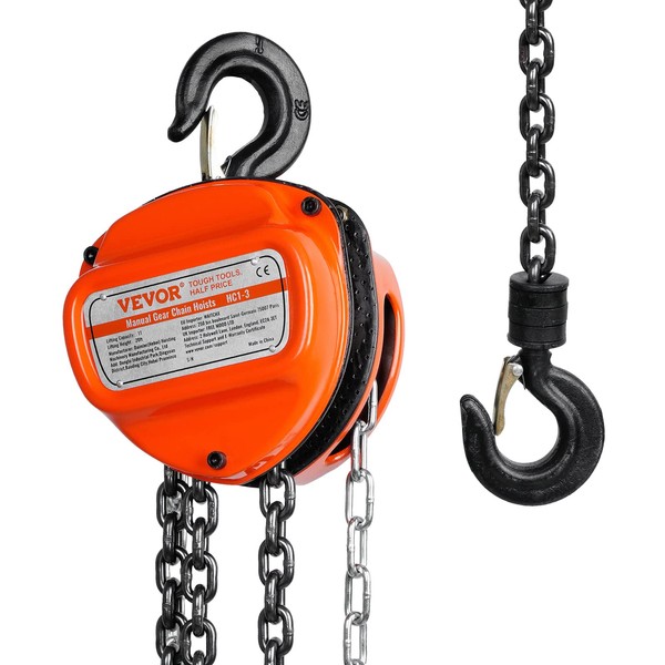 VEVOR Hand Hoist, 2200 lbs Capacity 20 FT Come Along G80 Galvanized Carbon Steel with Double-Pawl Brake, Auto Chain Leading & 360° Rotation Hook, for Garage Factory Dock, 1 Ton 20FT, Orange