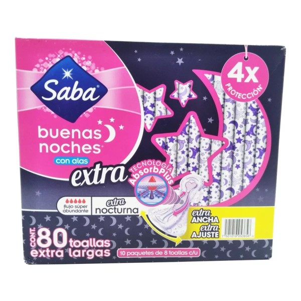Saba  Toallas Femeninas Saba Buenas Noches Con Alas Extra 80 Pzs