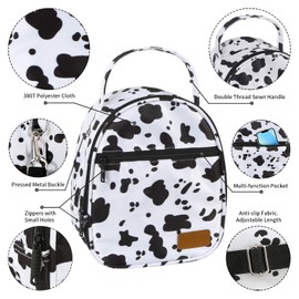 Joymee Lunch Box Insulated Lunch Bag Women Men Reusable Cooler Bag Adult Cute Lunch Tote Bags with Front Zipper Pocket,Adjustable Shoulder Strap for Work Office Picnic Travel, Cow Print White