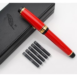 xixixiaozhu Metal Big Fountain Pen Set Medium Nib 0.7mm, Includes Ink Refill Converter, 5 Ink Cartridges & Gift Box (Medium Nib 0.7mm, Red)