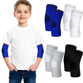 Lenwen 4 Pairs Kids Elbow Brace Compression Arm Elbow Sleeve Knit Guard Gym Protectors for Boys Teen Children Girls Basketball Volleyball Tennis Cycling(9-13 Years,Black, White, Blue, Gray)