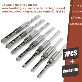 kimllier 7Pcs Square Hole Drill Bit, Stainless Steel Sharp Durable Mortising Chisel Set 6/25, 1/4, 5/16, 3/8, 2/5, 1/2, 9/16 Inch