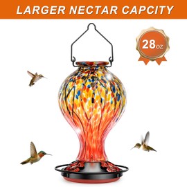 Hummingbird Feeders for Outdoors – Blown Glass Hanging Hummingbird Feeder with Ant Moat, 28 Ounces Large Capacity,Leakproof Wide Mouth, Decorative Bird Feeder for Garden, Yard, Patio, or Window