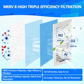 2 Rolls 12" x120" Air Vent Filters, Cut to Fit Air Filter (100+ Filters), MERV 8 Triple Vent Filter for Home Floor, Ceiling, RV, HVAC Furnace Vents, With Adhesive Hook Tape and Installation Tape