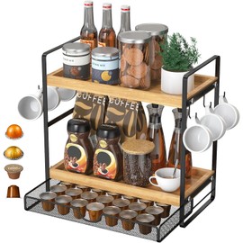 LEMIKKLE 2-Tier Wood Coffee Station Organizer with Pod Holder and Drawer, Kitchen Countertop Organizer, Coffee Bar Accessories Station with Coffee Pod Storage, Coffee Organizer