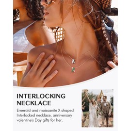 DAYBYDAY Letter X Necklace for Women 925 Sterling Silver Interlocking Circle Charm Necklace Green Emerald Moissanite Pendant with 18" Chain May Birthstone Necklace