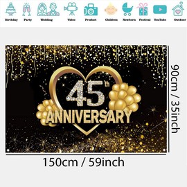 Happy 45th Anniversary Banner Background Decorations, Wedding Anniversary 45th Happy Anniversary Party Poster Accessories Fabric Sign Poster, Black Gold Anniversary Decor, 1.5m