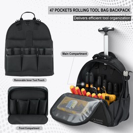 KUNN Tool Backpack with Wheels, Heavy Duty Rolling Tool Bag with 47 Pockets & Loops, Waterproof Wheeled Work Backpack for Electrician Construction HVAC, Black