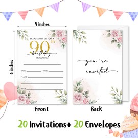 GOODBANER 90th Rose Birthday Invitation for Women, Birthday Invitation With Envelopes, 90 Years Old Birth Invites for Adult, 20 Pcs Birth Invite Cards Party Celebration Supplies /02
