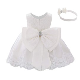Baby Girl Christening Gown Baptism Dress Infant Wedding Flower Girl Bowknot Lace Tutu Dress with Headband 1st Birthday Party Christmas Pageant Princess Dress Formal Dresses White 6-9 Months