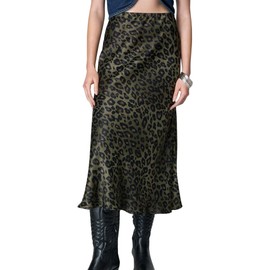 Women's Leopard Print Skirt Midi Long Length High Waist Ruffled Hem Midi Wrap Skirts Satin Casual A-line Skirt (A-Dark Green, M)